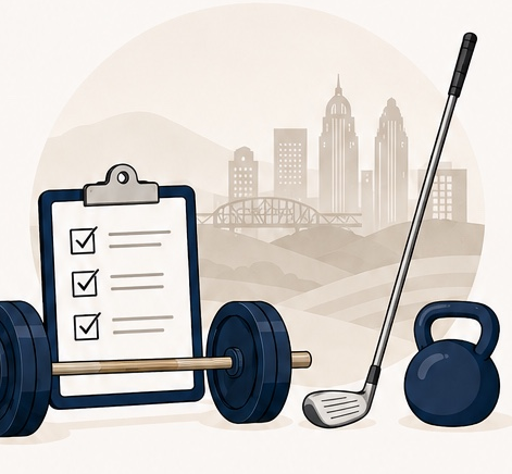 Barbell, clipboard with training plan, golf club, and kettlebell in front of the Louisville skyline